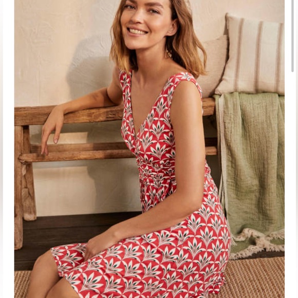 Boden Effie Red Orange Palm Print Faux Wrap Ruched Jersey Knit Dress - 6 - Picture 16 of 16